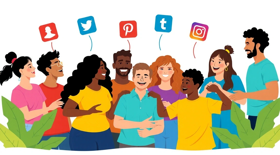 Grupo de personas interactuando en redes sociales, ilustración estilizada