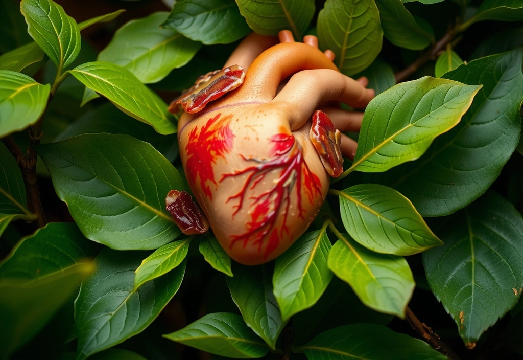 Un corazón estilizado rodeado de hojas verdes, simbolizando salud cardiovascular natural